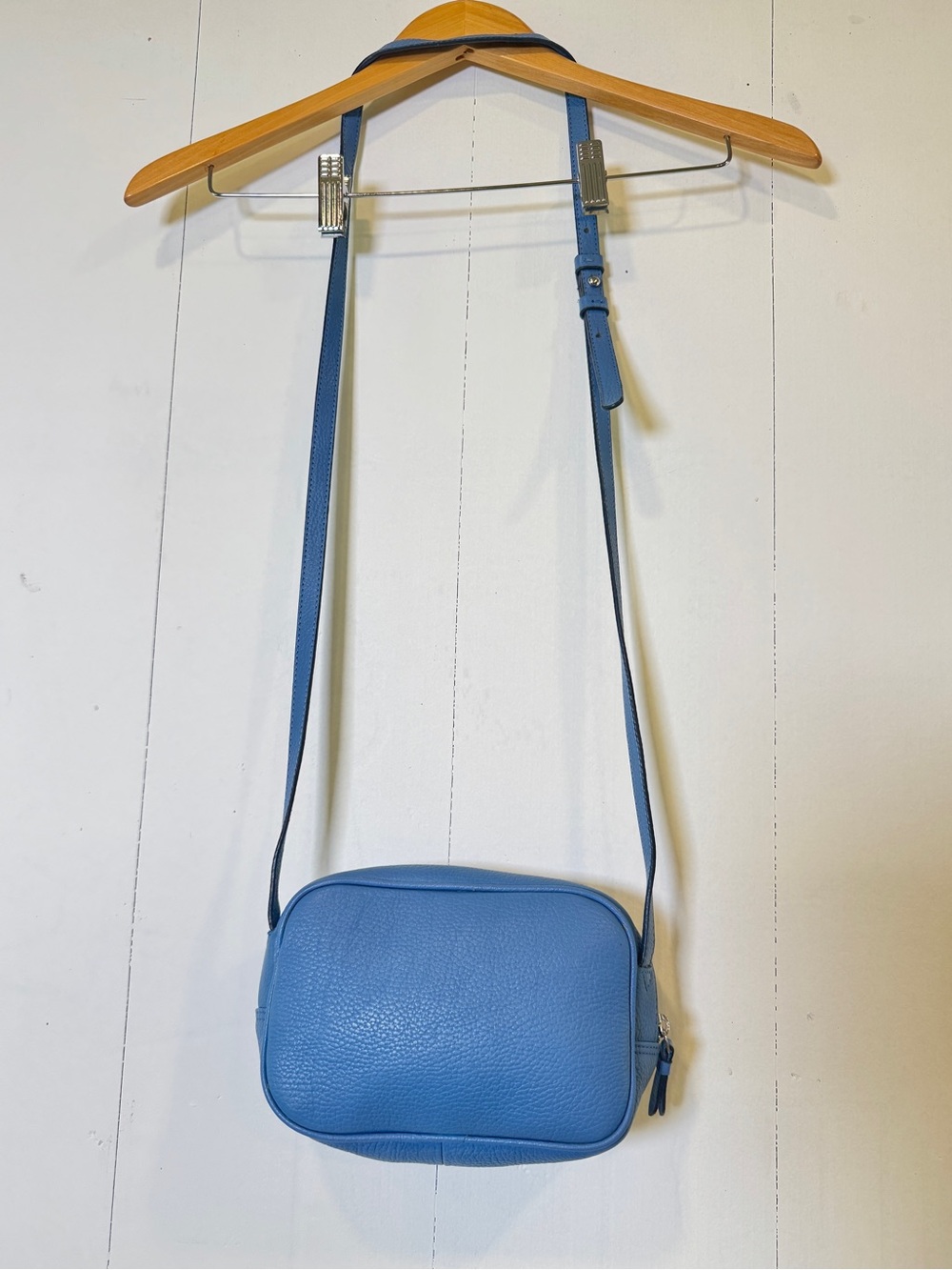 Everyday Corder London Blue Pebbled Leather Crossbody — Adjustable Strap